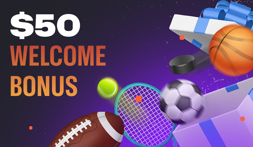 image of sports elements illustrating the Razed Sports Bonus. On the left the text "$50 welcome bonus" and on the right and gift box with a basket ball, soccer ball and tennis racket + american football being released from the gift box. The background is in a radient black and purple color.
